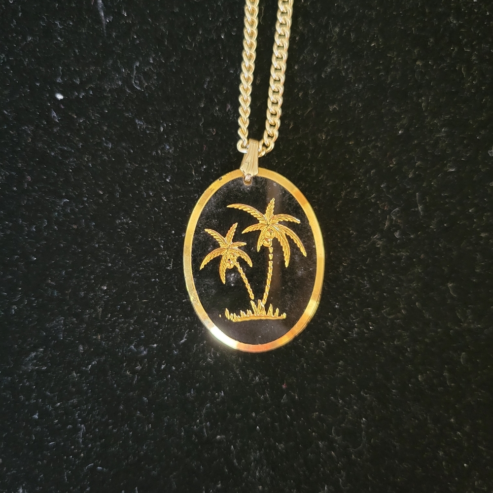 Vintage German Black & Gold Glass Tropical Pair of Palm Trees Intaglio Necklace